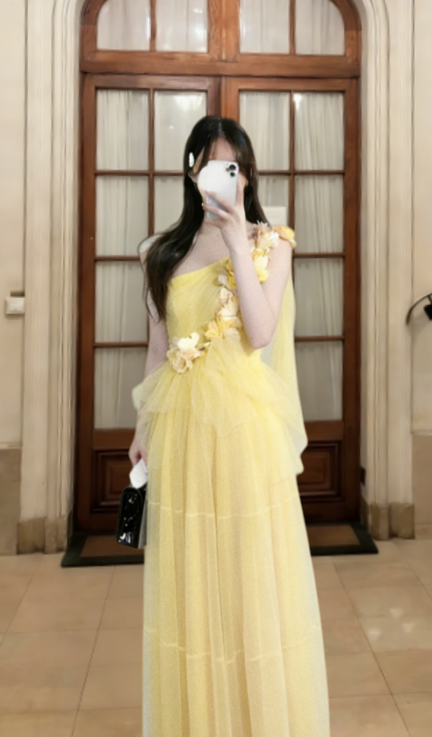 Pretty A Line One Shoulder Pastel Yellow Tulle Long Prom Dress, Evening Dress