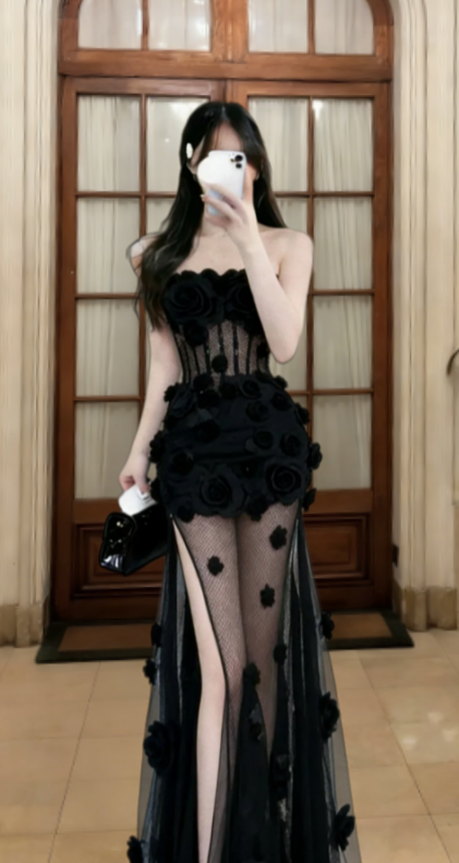 Sexy Black Mermaid Strapless Tulle Applique Long Prom Dress, Evening Dress