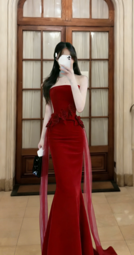Obsessed Mermaid Burgundy Strapless Satin Tulle Long Prom Dress, Evening Dress