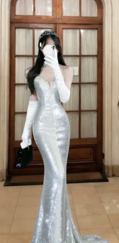 Gorgeous Mermaid Strapless Silver Sequin With Gloves Long Prom Dress, Evening Dress