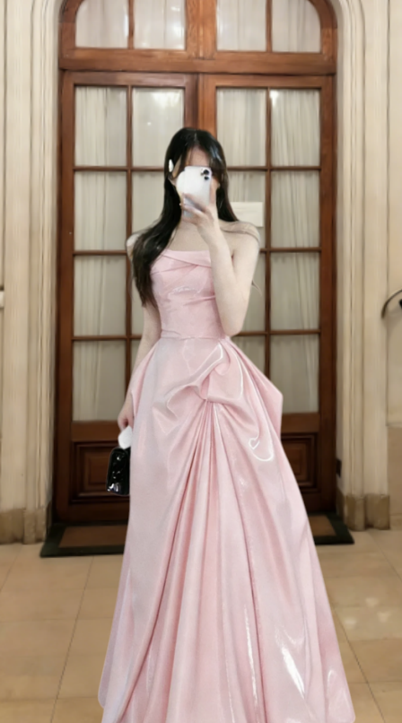 Pretty Pink A Line Strapless Satin Long Prom Dress, Evening Dress