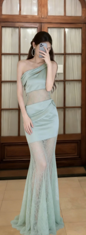 Classy Mermaid One Shoulder Satin Lace Long Prom Dress, Evening Dress