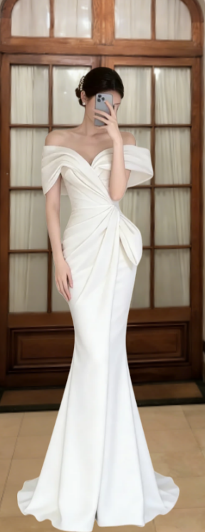 Elegant Mermaid Off The Shoulder Satin Long Prom Dress, Evening Dress