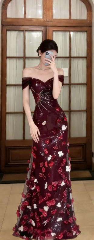 Gorgeous Mermaid Off The Shoulder Satin Tulle Applique Long Prom Dress, Evening Dress