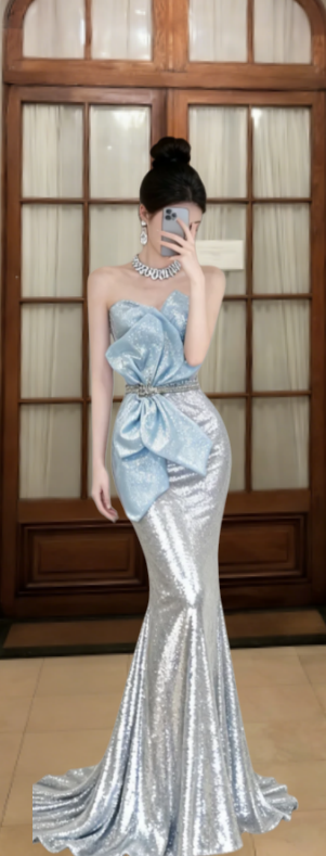 Gorgeous Mermaid Strapless Satin Sequin Long Prom Dress, Evening Dress