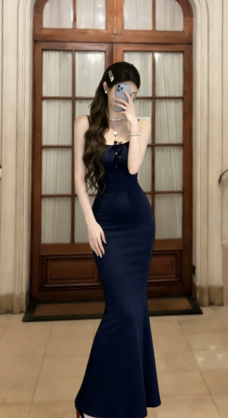 Bodycon Navy Mermaid Spaghetti Straps Satin Long Prom Dress, Evening Dress