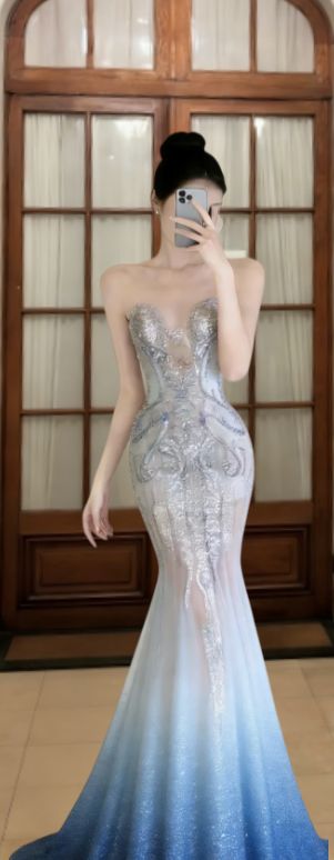 Gorgeous Gradient Mermaid Strapless Tulle Sequin Long Prom Dress, Evening Dress