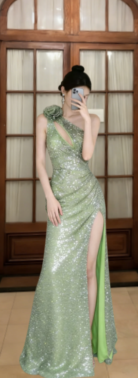 Shiny Mermaid One Shoulder Sequin Slit Long Prom Dress, Evening Dress