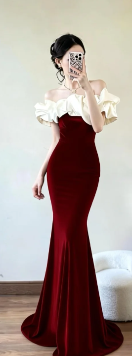 Elegant Burgundy Mermaid Off The Shoulder Satin Long Prom Dress, Evening Dress