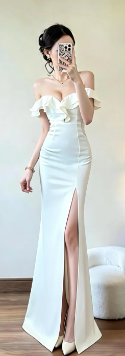 Elegant Mermaid Off The Shoulder Satin Slit Long Prom Dress, Evening Dress