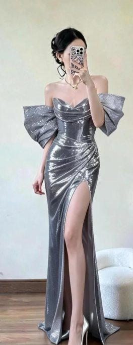 Elegant Mermaid Silver Off The Shoulder Satin Sequin Slit Long Prom Dress, Evening Dress