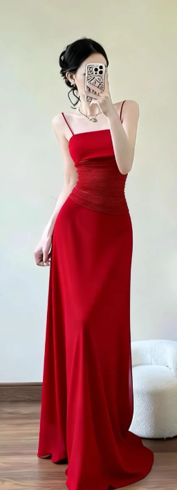 Charming A Line Spaghetti Straps Red Satin Long Prom Dress, Evening Dress