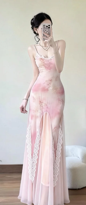Charming Mermaid Spaghetti Straps Printed Chiffon Lace Long Prom Dress, Evening Dress