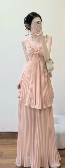Classy A Line Spaghetti Straps Pleated Chiffon Long Prom Dress, Evening Dress
