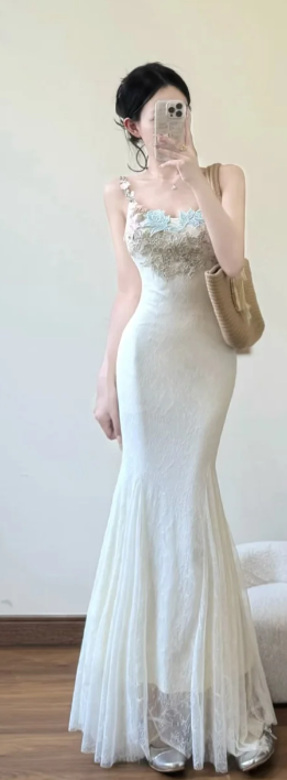 Classy Mermaid Spaghetti Straps Lace Applique Long Prom Dress, Evening Dress