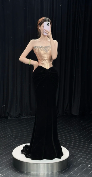 Gorgeous Mermaid Strapless Satin Beaded Long Prom Dress, Evening Dress