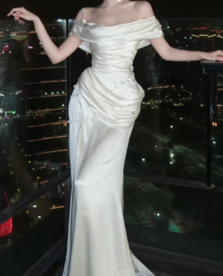 Elegant Mermaid Off The Shoulder Satin Long Prom Dress, Evening Dress