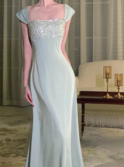 Elegant A Line Square Satin Sequin Long Prom Dress, Evening Dress