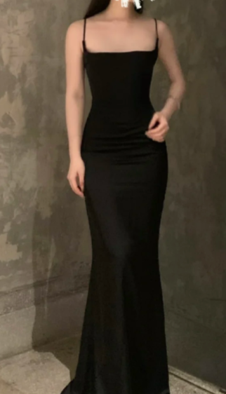 Simple Style Mermaid Black Spaghetti Straps Satin Long Prom Dress, Evening Dress