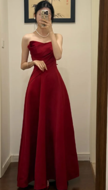 Pretty A LIne Burgundy Strapless Satin Long Prom Dress, Evening Dress