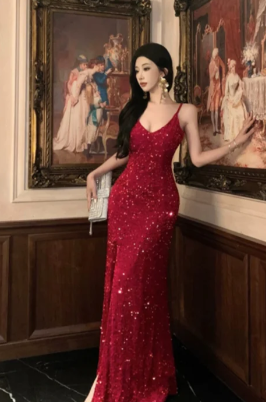 Burgundy Shiny Mermaid Spaghetti Straps Sequin Long Prom Dress, Evening Dress
