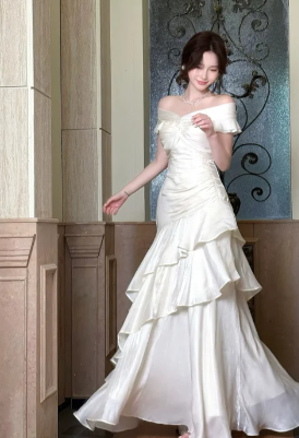 Formal Mermaid Off The Shoulder Tiered Satin Long Prom Dress, Evening Dress
