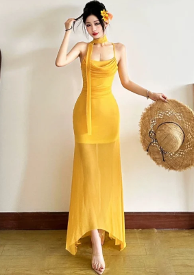 Yellow Mermaid Spaghetti Straps Chiffon Long Prom Dress, Evening Dress