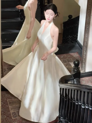 Pretty Halter A Line Satin Long Prom Dress, Evening Dress