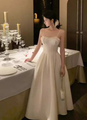 Princess Spaghetti Straps A Line Satin Long Prom Dress, Evening Dress
