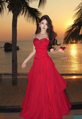 Obsessed Spaghetti Straps A Line Red Satin Long Prom Dress, Evening Dress
