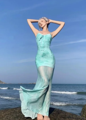 Unique Mermaid Spaghetti Straps Satin Chiffon Long Prom Dress, Evening Dress