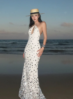 Unique Mermaid Halter Satin Sequin Long Prom Dress, Evening Dress