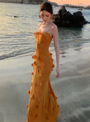 Pretty Mermaid Spaghetti Straps Velvet Applique Long Prom Dress, Evening Dress