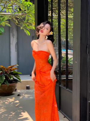 Chic Mermaid Strapless Orange Lace Long Prom Dress, Evening Dress