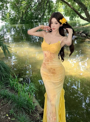 Unique Mermaid Spaghetti Straps Chiffon Long Prom Dress, Evening Dress