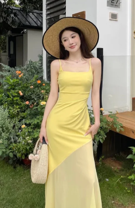 Unique Mermaid Pastel Yellow Spaghetti Straps Satin Chiffon Long Prom Dress, Evening Dress