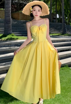 Simple A Line Spaghetti Straps Yellow Satin Long Prom Dress, Evening Dress