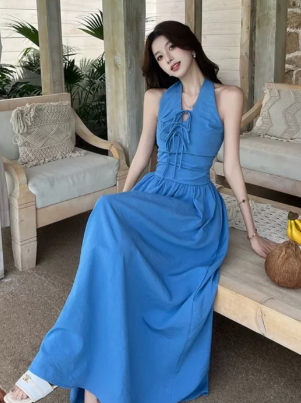 Blue Pretty A Line Halter Satin Long Prom Dress, Evening Dress