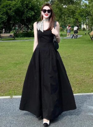 Vintage A Line U Neck Black Satin Long Prom Dress, Evening Dress