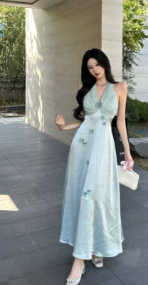 Classy A Line Halter Satin Applique Long Prom Dress, Evening Dress