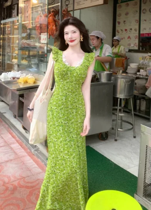 Charming Mermaid U Neck Satin Floral Long Prom Dress, Evening Dress
