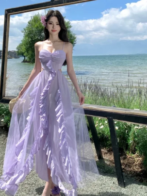 Charming A Line Spaghetti Straps Lilac Tulle Chiffon Long Prom Dress, Evening Dress