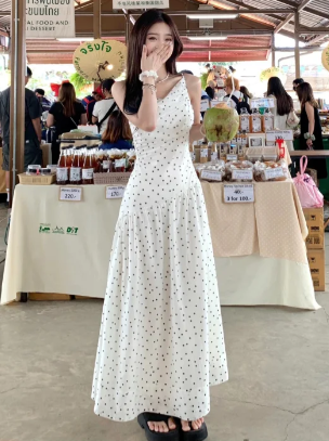 Pretty A Line Spaghetti Straps Satin Polka Dots Long Prom Dress, Evening Dress