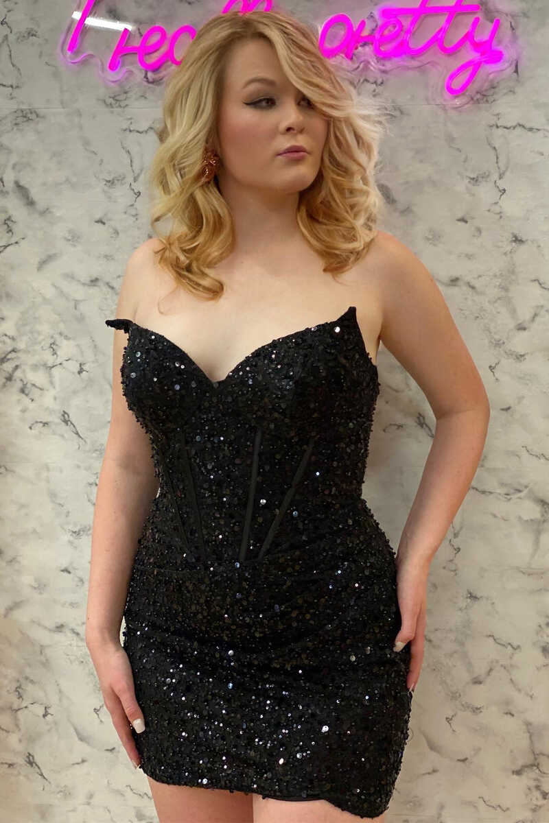 Black Sequin Strapless Tight Mini Homecoming Dress