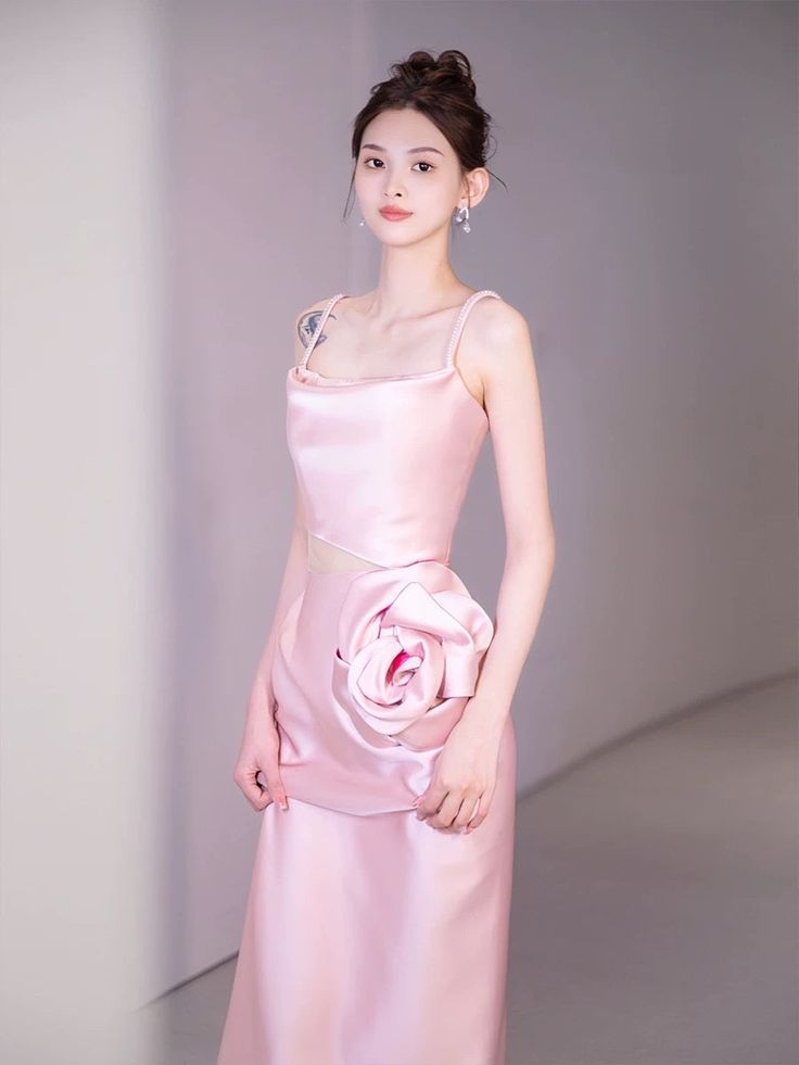 Elegant Pink Straps Sheath Prom Dress Evening Dress With Rose Flowers