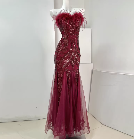 Classy Feathers Strapless White Tulle Sequin Mermaid Long Evening Dress Prom Dresses