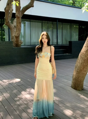 Chic Mermaid Spaghetti Straps Chiffon Applique Long Prom Dress, Evening Dress
