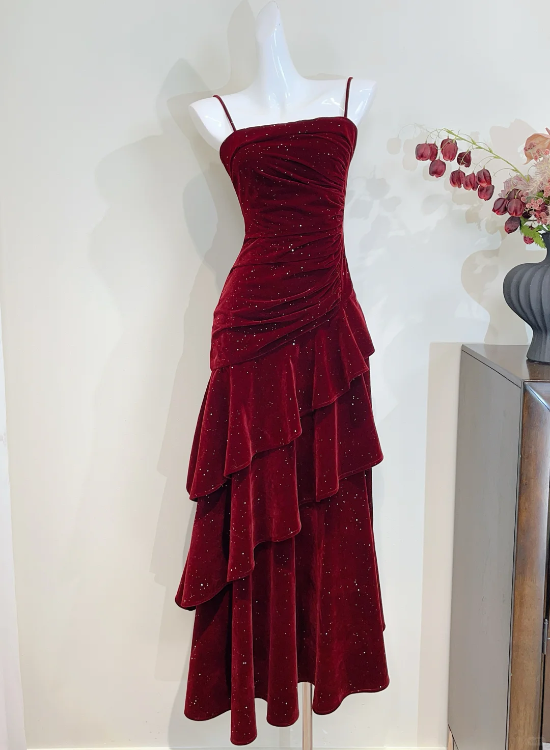 Shiny Burgundy Mermaid Spaghetti Straps Velvet Beads Long Prom Dress, Evening Dress