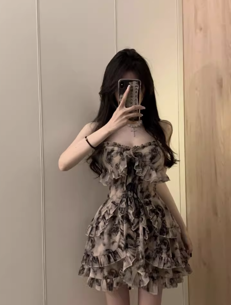 Gentle and elegant ink-wash floral print sundress, A-line, summer style Short Dress