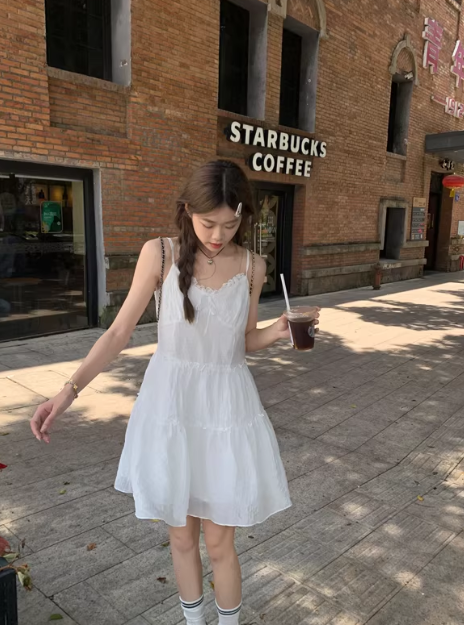 Soft white lace-trimmed slip dress for women, summer A-line short dress